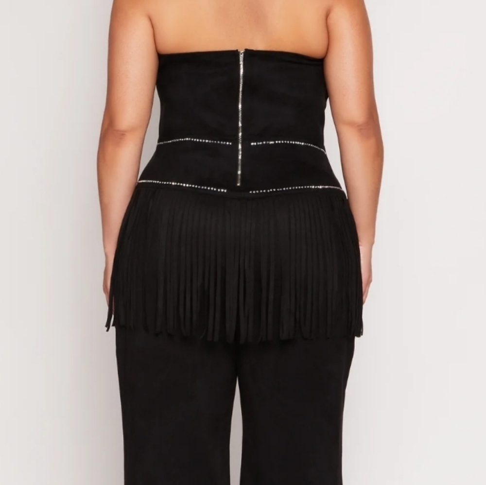 Women SleevelessStrapless Jumpsuit w Rhinestones, BeltBuckle,Fringe Black Large